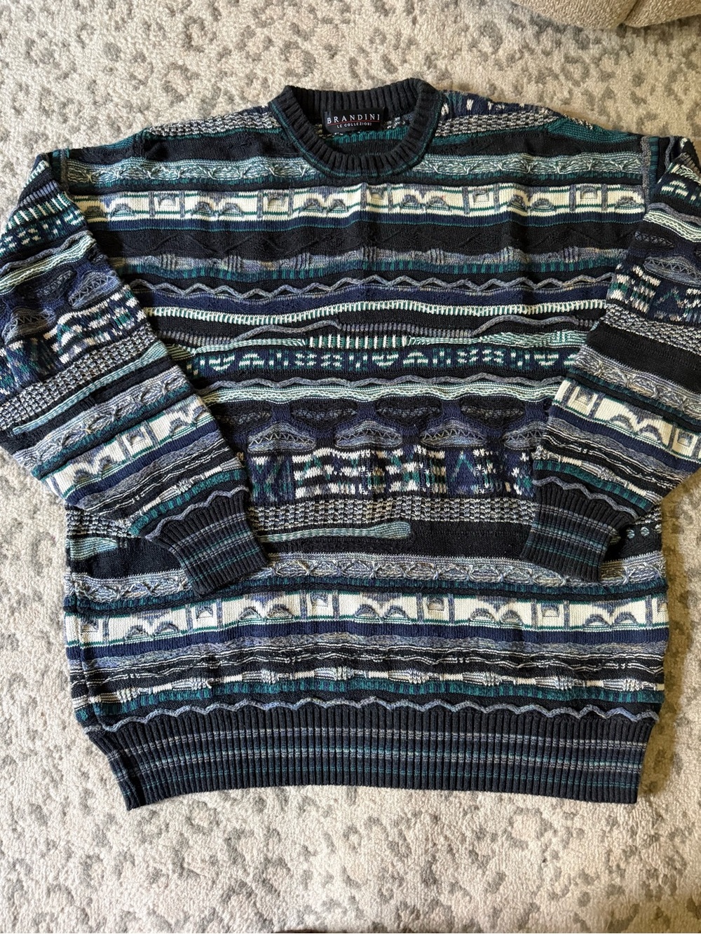 Brandini Men's Vintage Patterned Crewneck Sweater - Blue/White